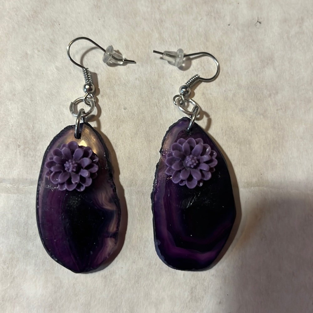 Purple Geode Acrylic Flower Dangle Earrings